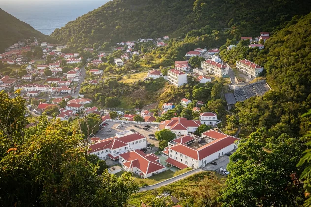 The Hillside buildings seen from higher up, with the village beyond