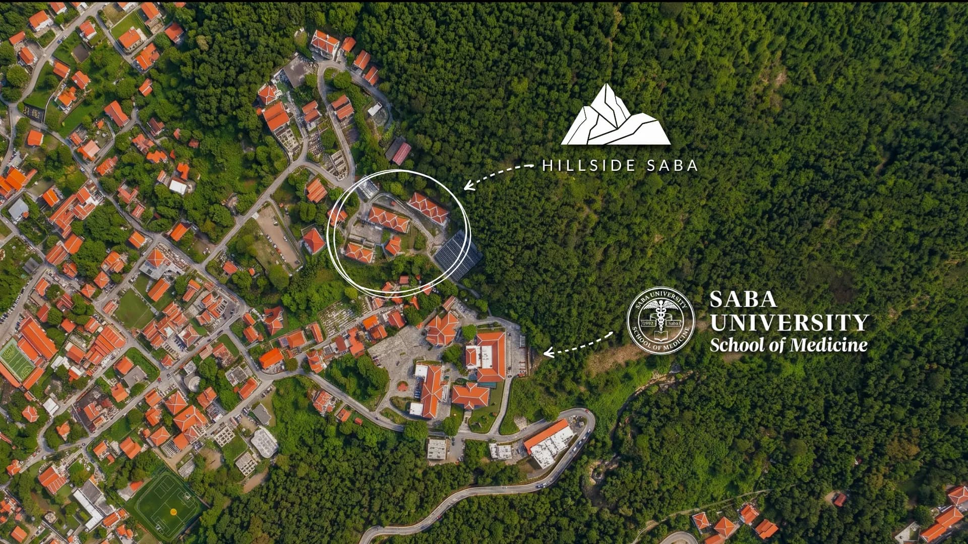 Aerial view of The Bottom with the Hillside dorms circled and Saba University School of Medicine marked just below them