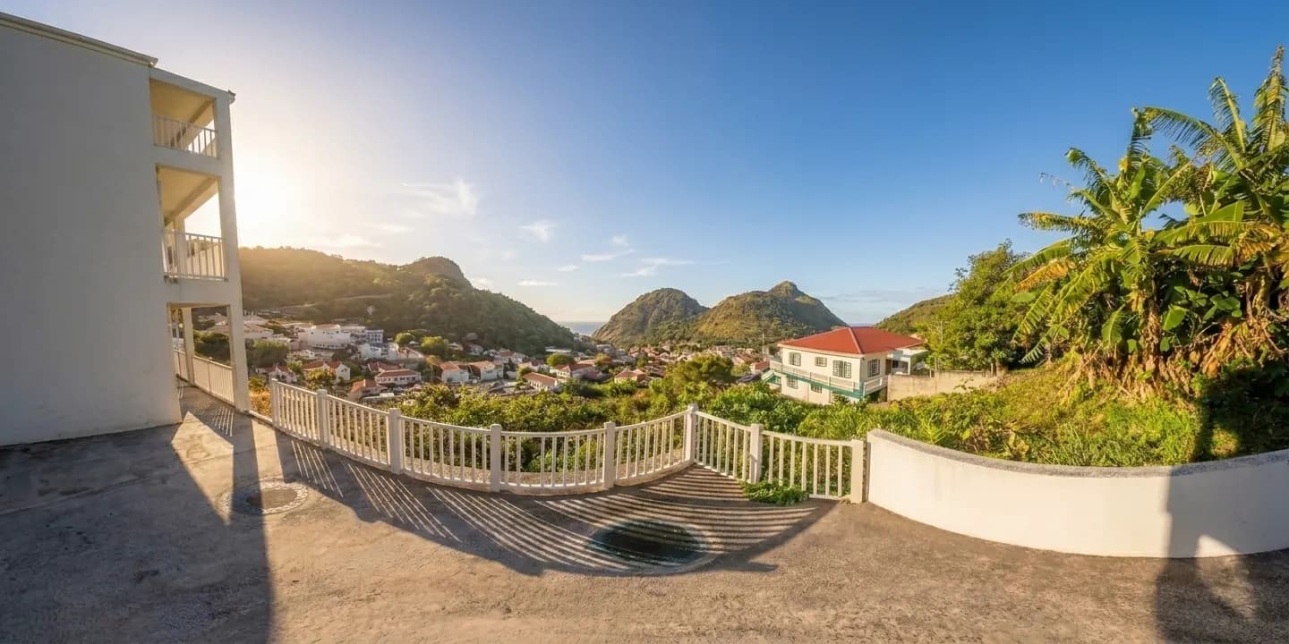 A wide panoramic view from a Hillside balcony across the rooftops of The Bottom