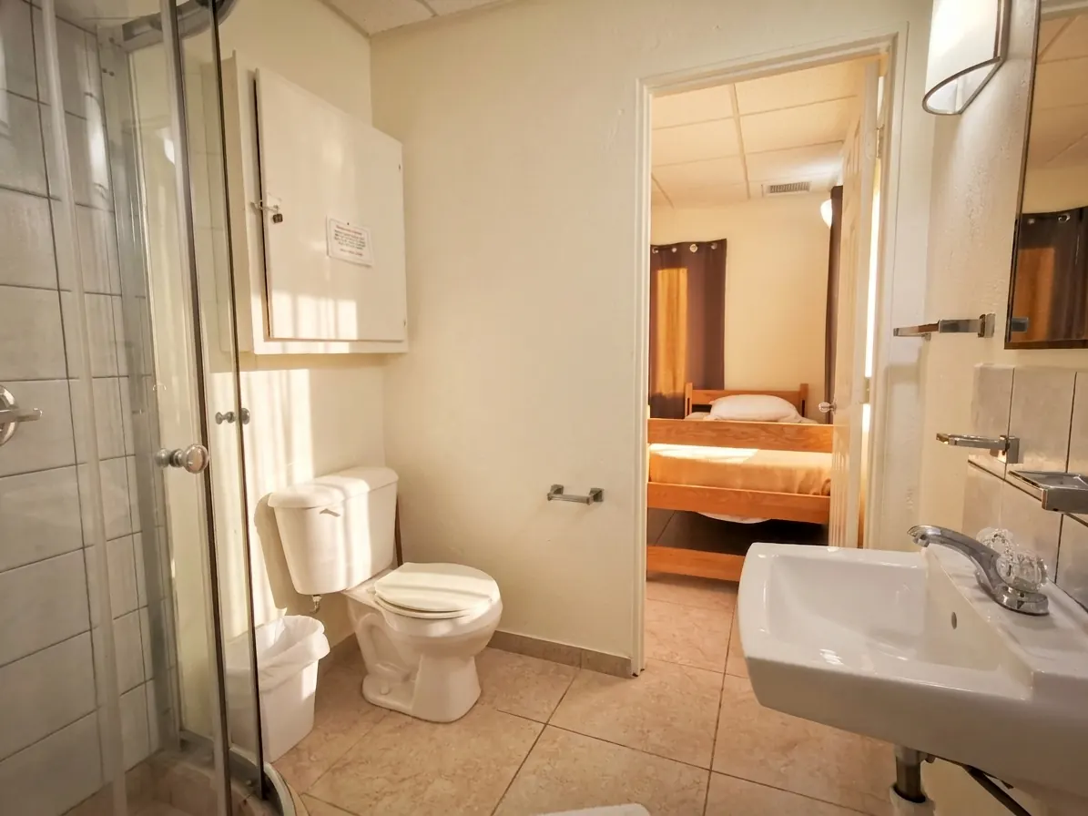 A bathroom with a toilet and basin, with a bedroom visible through the doorway
