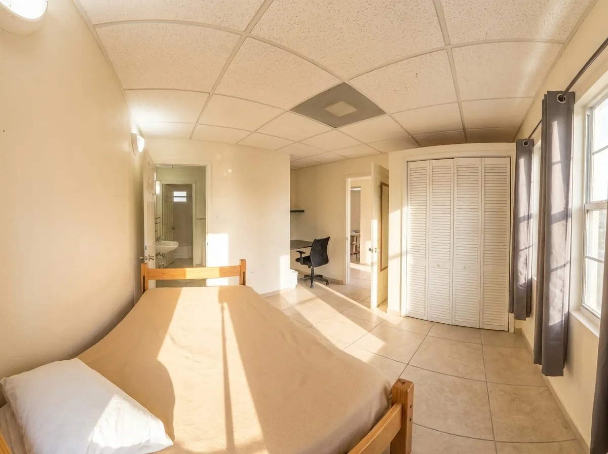 A private bedroom with a single bed, a wardrobe and a desk under the window