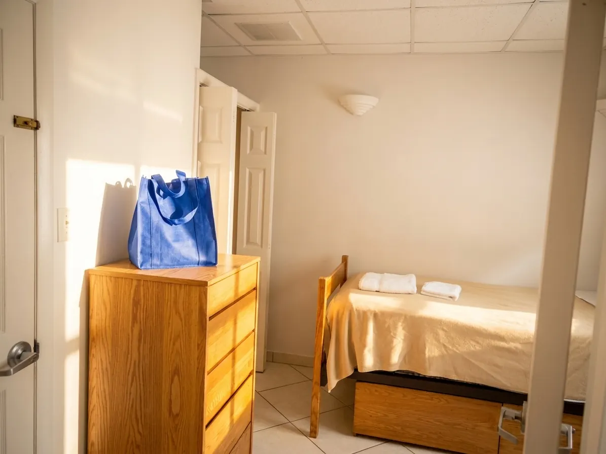 A bedroom with a bed and a chest of drawers beside the door