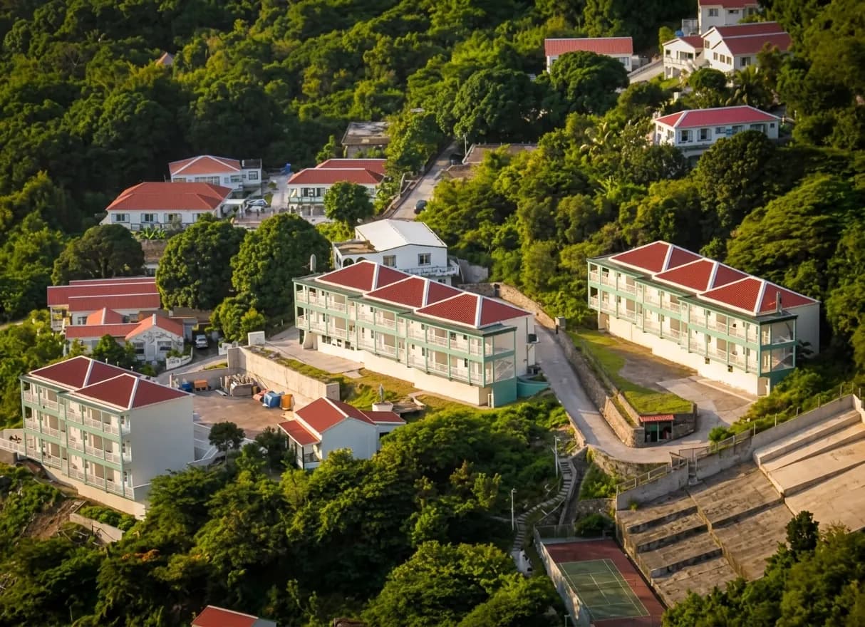 The Hillside buildings seen from above, set into the green hillside