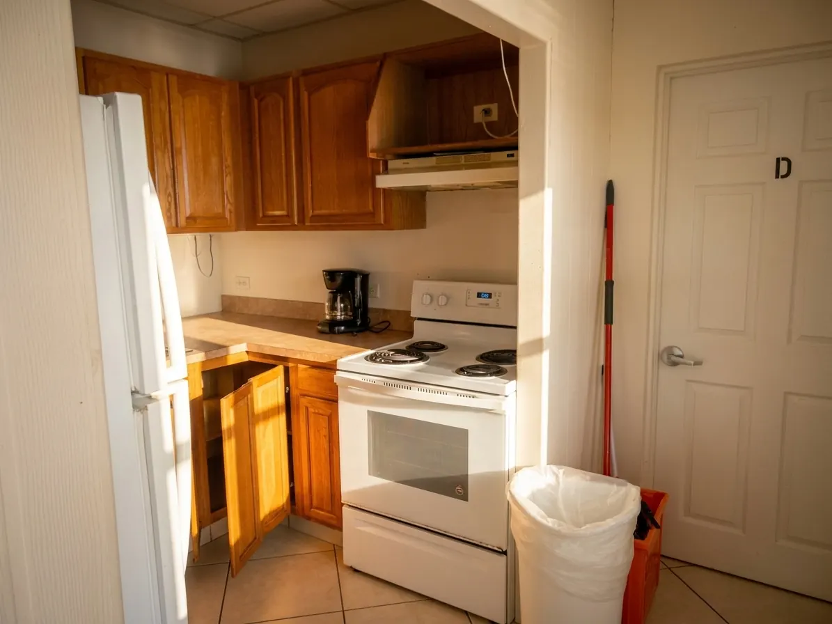 A kitchen with a cooker, a coffee maker and fitted wooden cabinets