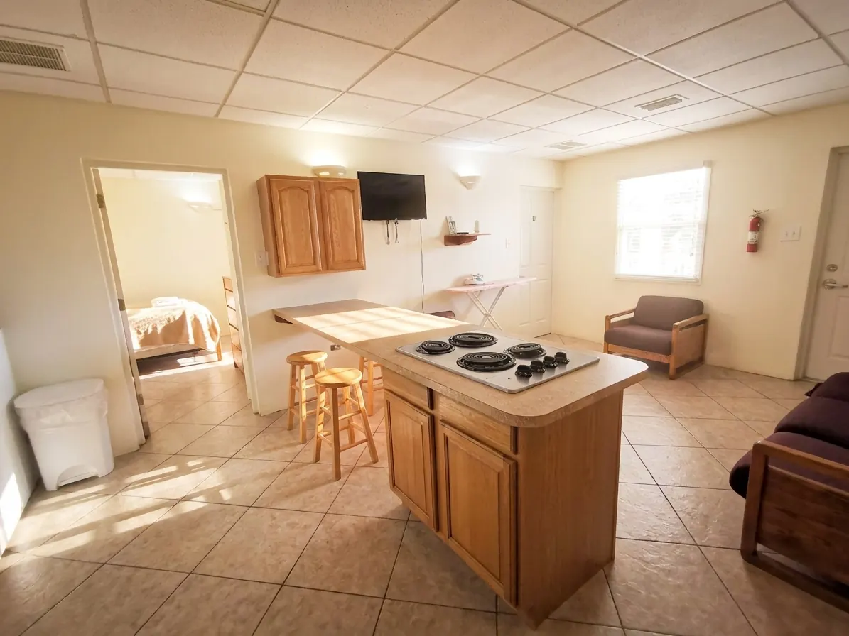 A shared kitchen and living area with a cook top on the island and seating beyond